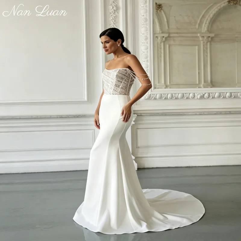 26 Styles Straight Tube Neck Mermaid Wedding Dress Full Beaded Mesh Bodice Satin Cathedral Train Vestidos de Novia Customized