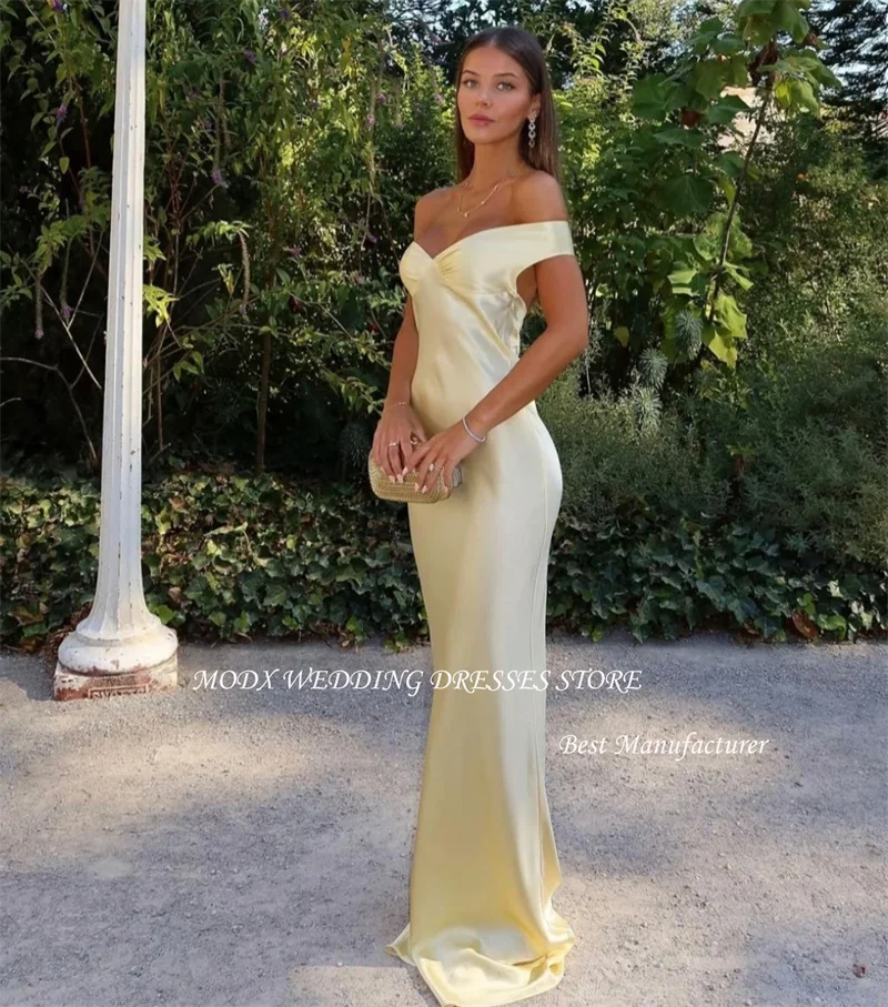 MODX-Vestidos de Noche amarillos con hombros descubiertos, Mangas de satén de seda, vestidos largos sin espalda para baile de graduación, vestido de fiesta Formal, Dubai, Árabe
