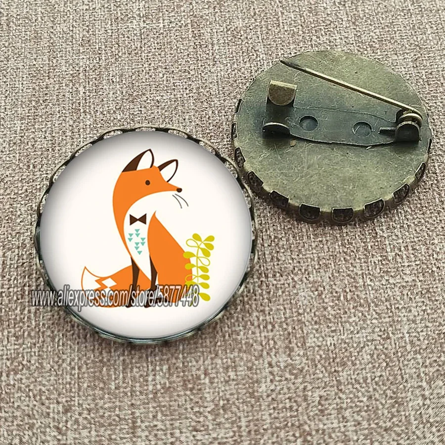 Cute Fox and Flower Women Pattern Glass Cabochon Brooch Lovely Animal Charm Pin Gift for Girl and Boy