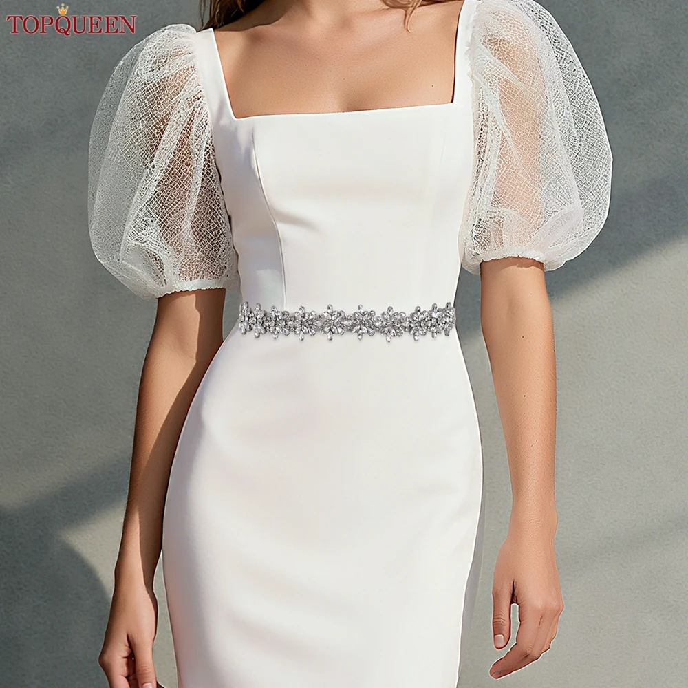 TOPQUEEN حزام زفاف مخيط يدويًا مناسب للارتداء اليومي إكسسوار زفاف فضي حجر الراين فستان زهري وشاح S269