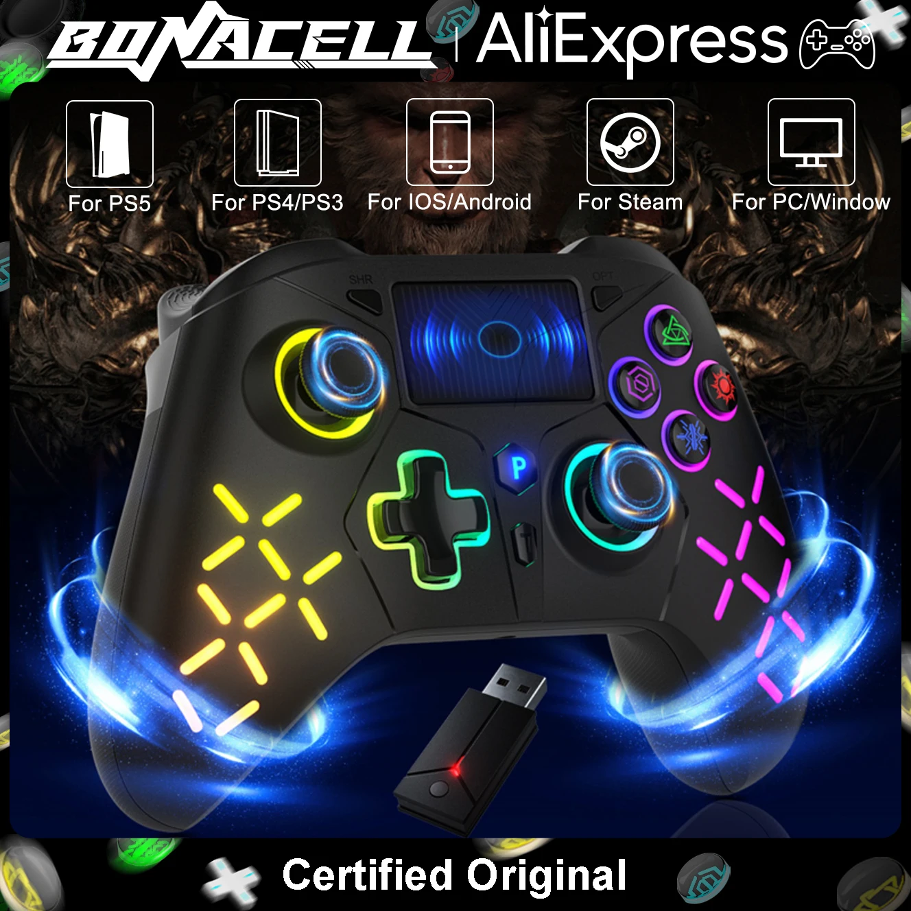 Controller For PS5/PS4/PS3/Steam/PC RGB Wireless Control Joystick Hall Linear Trigger Gamepad Turbo Dual Vibration Game Remote