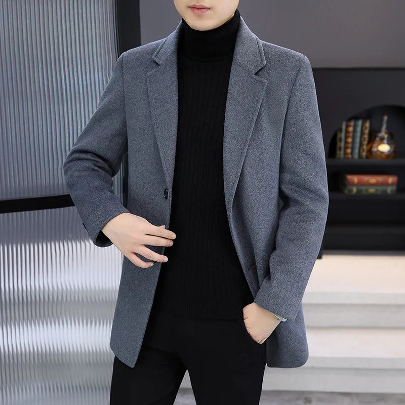 

Элегантное мужское шерстяное пальто в корейском стиле, средней длины, приталенное, с отложным воротником, из твида, универсальная верхняя одежда