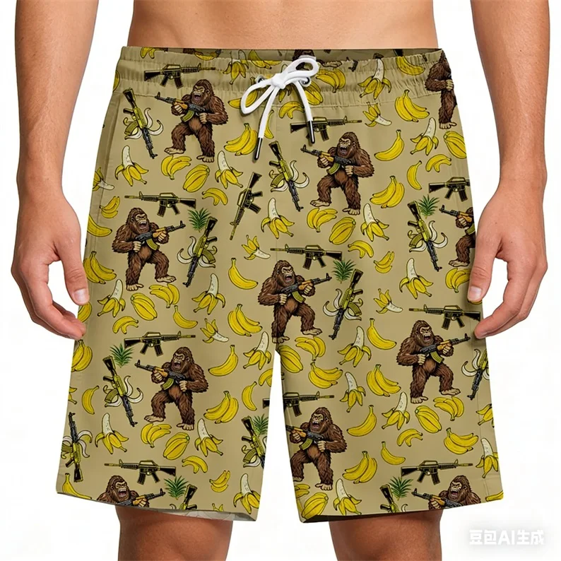 

Men's Funny Bigfoot Banana Print Beach Shorts Guitar & Gun Graphic Quick Dry Swim Trunks Summer Vacation Surfing Shorts