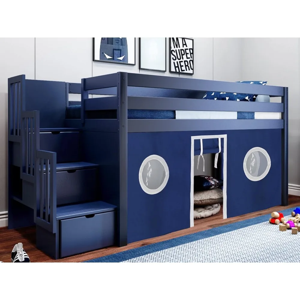 Modern Low Loft Double Bed with 3 Drawers Staircase, Blue, with Blue and White Tent