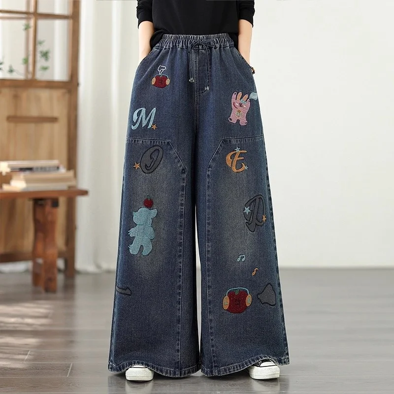 Damen-Jeans mit weitem Bein, hohe Taille, weiche Denim-Hose, große Größe, Vintage-Retro-Freizeithose mit Cartoon-Stickerei, w1371