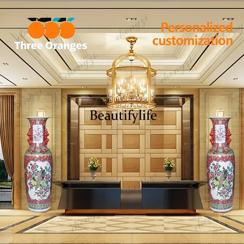 R134 Ceramic hand-painted floor-to-ceiling large vase pastel binaural double-sided peony bottle living room antique ornament