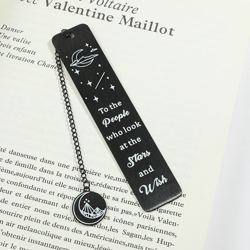 Marque-page double face Moon Star et Wish en acier inoxydable, marqueur de page noir, fournitures de lecture de mode, cadeaux pour les amoureux