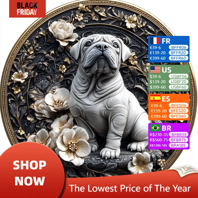 Aanpasbaar Rond Aluminium Decoratief Schilderij-Premium Kwaliteit Huisdieren Ornamenten Voor Honden (Uk Bulldog)