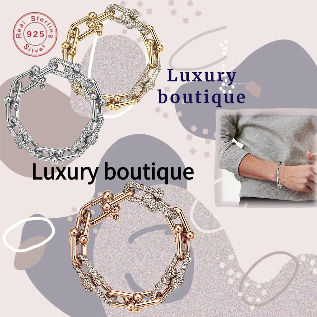 

Solid silver S925 bracelet with gradient diamond studded horseshoe buckle chain, thick design, noble couple's day gift