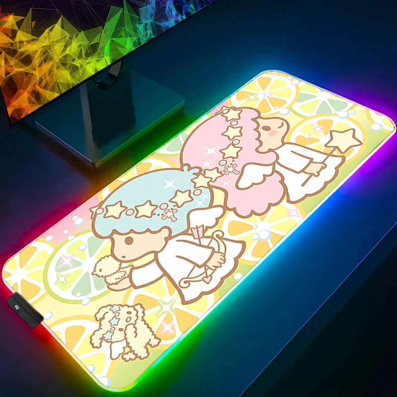 แผ่นรองเมาส์ RGB ลิตเติ้ลทวินสตาร์อะนิเมะคาวาอิอุปกรณ์เสริมสำหรับเล่นเกม LED คีย์บอร์ดแผ่นรองเม้าส์สำหรับเล่นเกมพรมแผ่นรองเมาส์มีไฟแบ็คไลท์