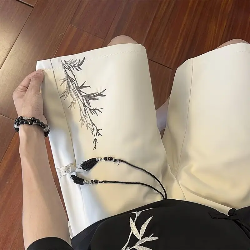 

New Chinese Sle Men's ort Pants Button Embroidery Casual Loose Five-Quarter Trousers Summer Faionable Ethnic Trend