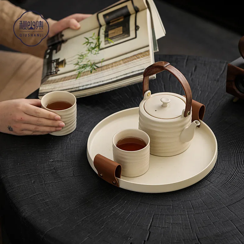 صينية شاي Wabi-Sabi الرمادية بمقبض جلدي عتيق، طبق تخزين الوجبات الخفيفة الفني للاستخدام المنزلي #3