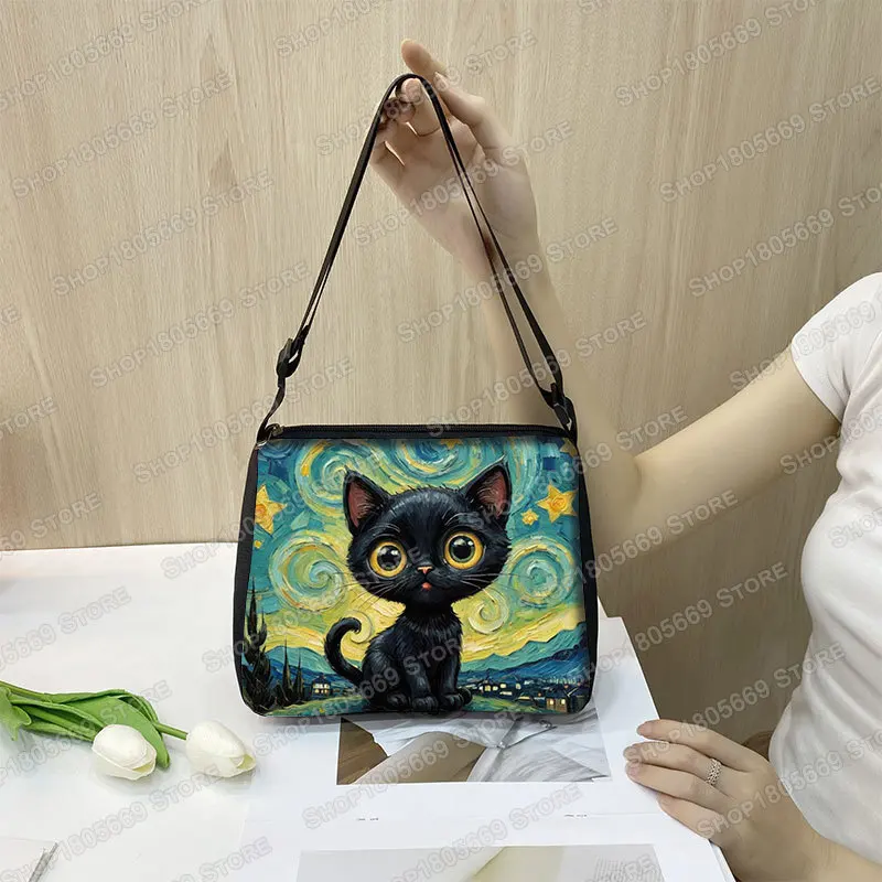 Oil Painting Van Gogh Black Cat Shoulder Bags The Starry Night Women Portable Handbags Messenger Bag Phone Holder Crossbody Bag