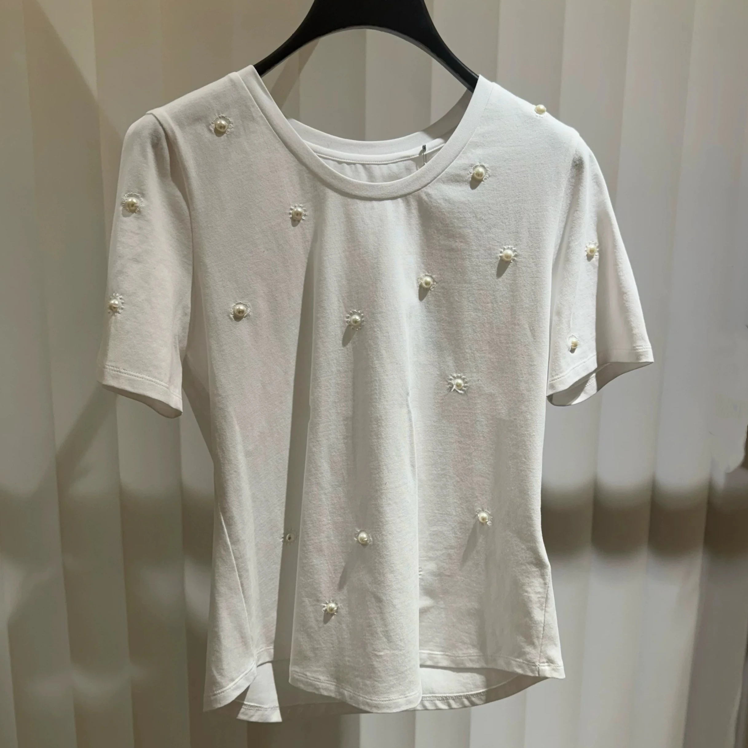 

Korean Single M*NE Spring Casual Simple Versatile Heavy Embroidery Hand Sewn Bead ort Sve T-irt Cotton round Ne Regu...