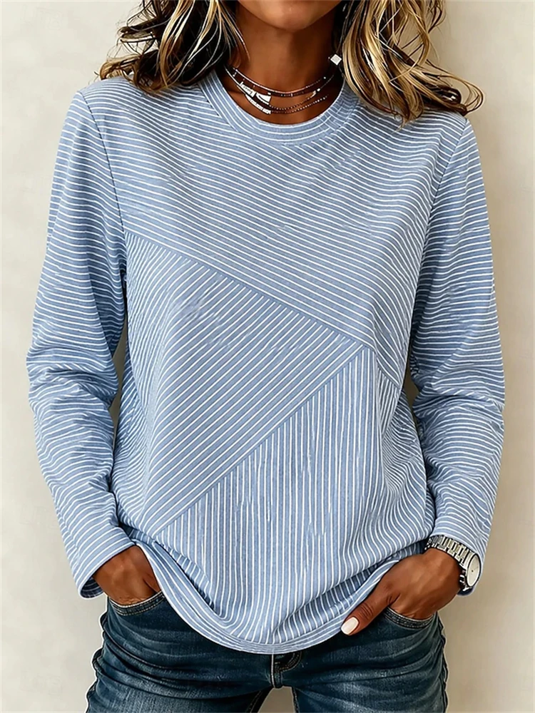 New Women's Fall Crew-Neck Long-Sleeve T-Shirt Patchwork Print Long-Sleeve Comfortable Casual Loungewear Fashionable Top