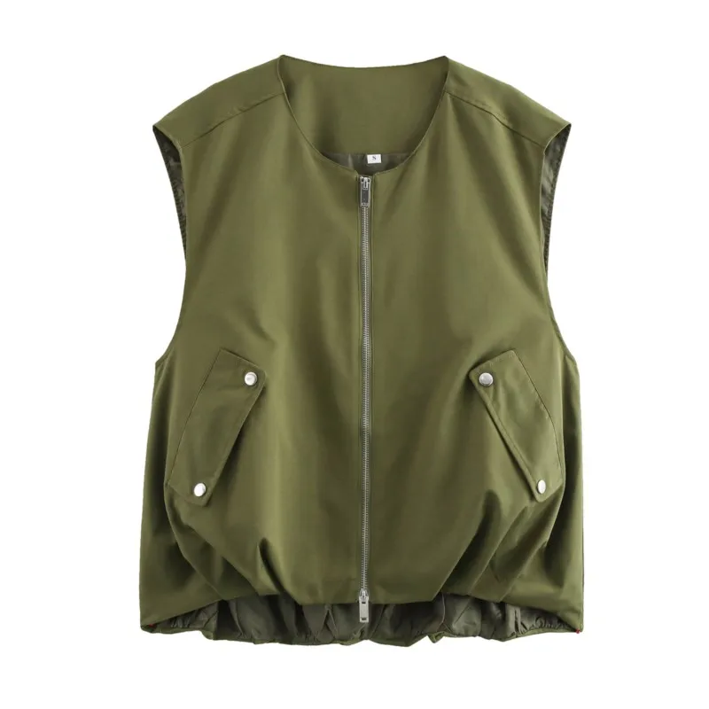 

HipSeam Outdoor Vest Women Autumn Clothing O Neck Lady Sleeveless Tank Top Pleated Hem Casual Pocket Waistcoat Women's Chic Tops