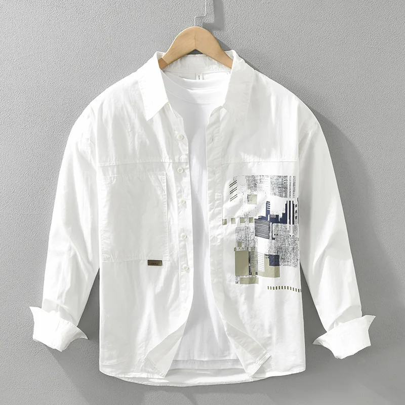 

Japanese Fashion Patchwork Shirts Men Streetwear Loose Tops Spring Fall Causal Pure Cotton New White Shirt Mens Designer Clothes