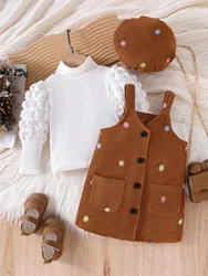 3PCS In Autumn, Girls Aged 0-4 Years Old Have A Comfortable Sweet And Western-Style White Top + Suspender Skirt Hat Set