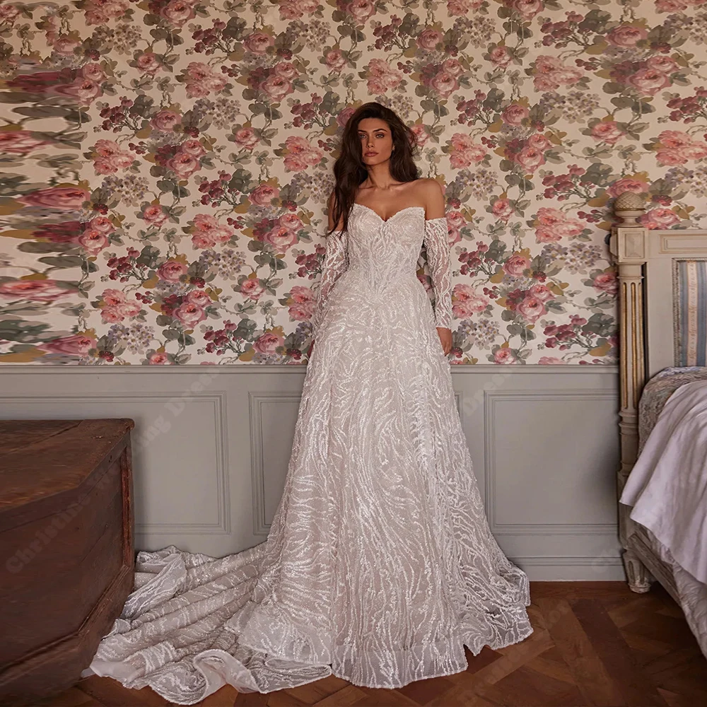 Querida colar vestidos de casamento elegante renda impressão mangas compridas vestido de noiva princesa banquete vestidos de novias 2026 personalizado