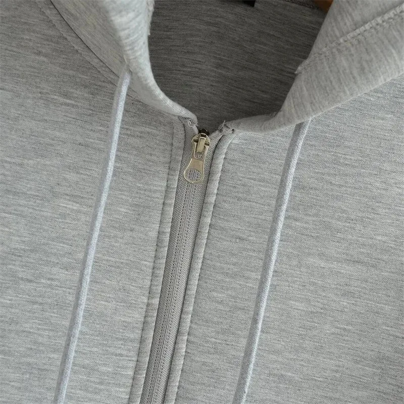 Hoodie ritsleting wanita, Atasan pakaian luar longgar kebesaran saku ganda gaya jalanan uniseks