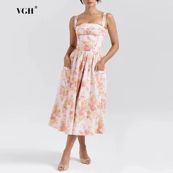 VGH Floral Printing Backless Dresses For Women Square Collar Sleeveless High Waist Hit Color Slimming Long Dress Female Style