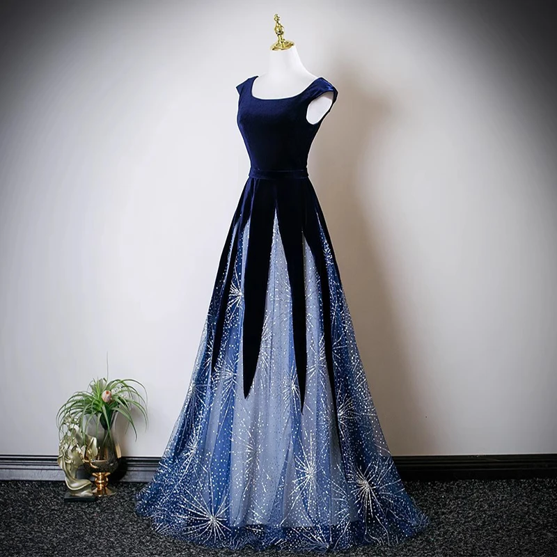 فستان سهرة أنيق برقبة مربعة باللون الأزرق للنساء بألوان متباينة من الدانتيل فساتين حفلات مطرزة على الطراز الفرنسي