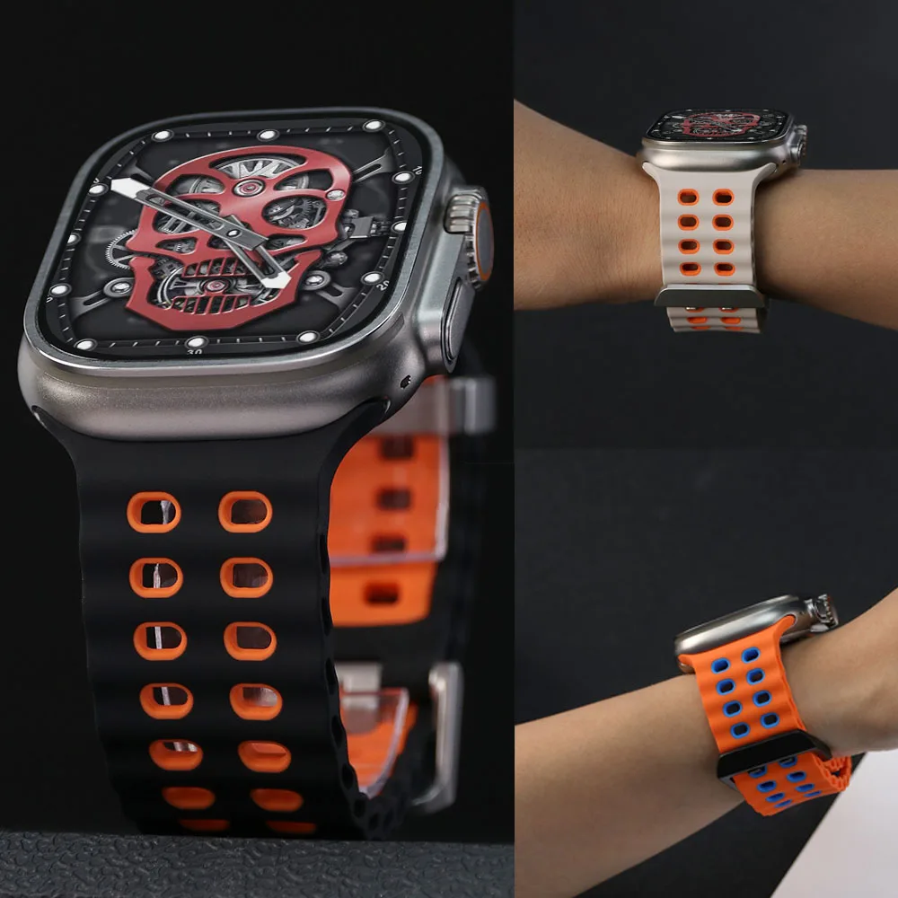 سيليكون تنفس حزام لساعة أبل الترا 49 مللي متر حزام المعصم ل iWatch سلسلة 10 9 8 7 6 5 se 46 مللي متر 45 مللي متر 44 مللي متر 42 مللي متر معصمه