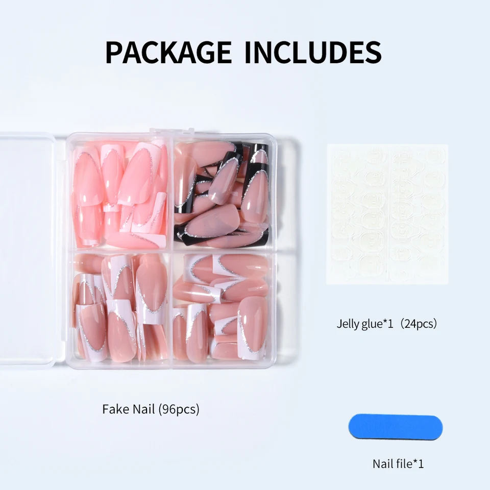 96 piezas (4 mezclas) de uñas postizas largas en forma de corazón, con brillantina, punta francesa blanca, estilo chic minimalista, reutilizables 5