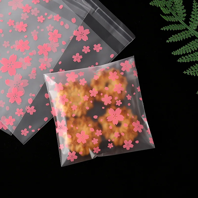 100Pcs Square Self Sealing Bag Pink Cherry Blossoms Self-Adhesive Gift Bags For Wedding Party Gift Candy Cookie Package Bags