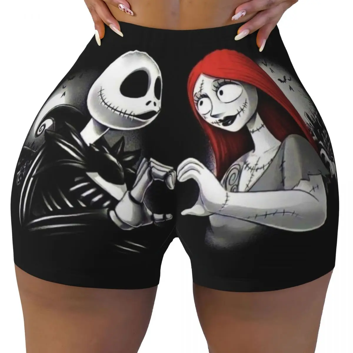 

Пользовательские шорты для тренировок на Хэллоуин «Джек и Салли» для женщин «Кошмар перед Рождеством» для спортзала, волейбольные байкерские шорты для йоги