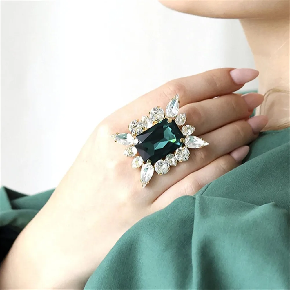 INS Multicolor Crystal Big Square Stone Adjustable Finger Rings Banquet Jewelry for Women Rhinestone Geometric Open Ring Wedding