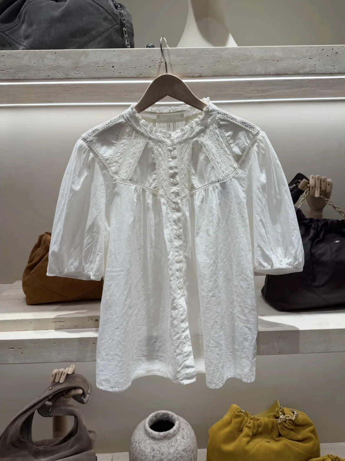

Heidd BA2026 Spring Summer Hollow Embroidery Lace Patchwork Gentle White Short Sleeve Women's Cotton Shirt Breathable Skin-Fr...