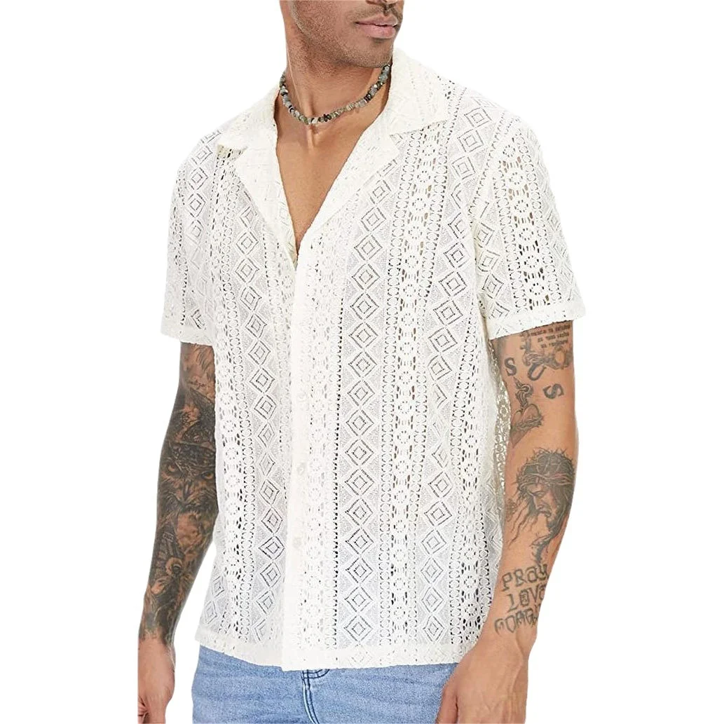 Summer Men\'s Lace Floral Shirt Short Sleeved Button Hollowed Out Perspective Shirts For Men Blouse Tops