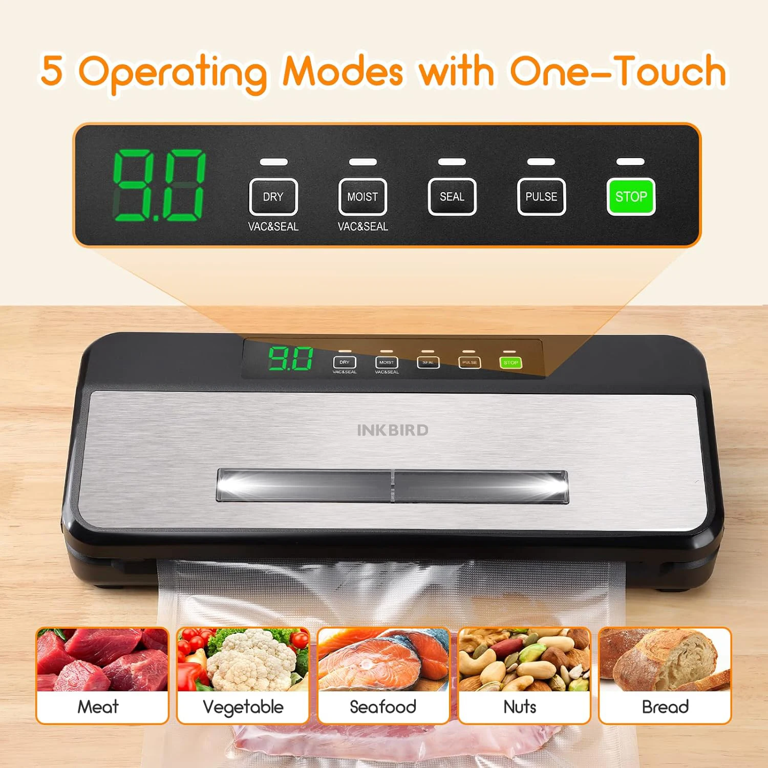Imagem -02 - Inkbird-terceira Geração Vacuum Sealer Máquina de Selagem Elétrica para Alimentos Legumes Frutas Preservação Modos de Operação Ink-vs03