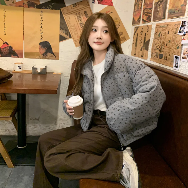 Parkas Coats Women Short Jackets Ditsy Floral Zipper Pocket Stand Collar Long Sleeves Loose Thick Office Lady Casual 2025 Winter