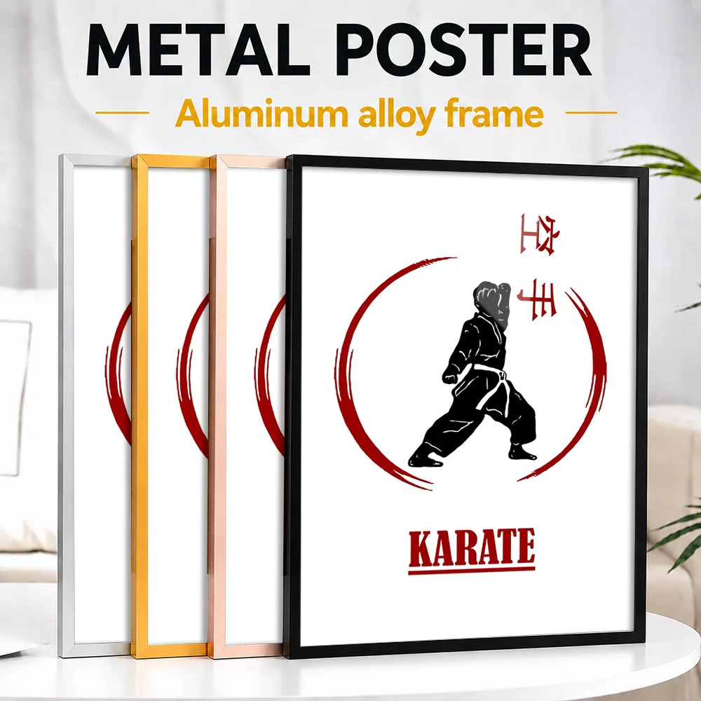 Karate Fighter Brush Circle Framed Metal Poster Customized Brushwork Wall Art For Dojo And Martial Arts School, MMA Fan Gift