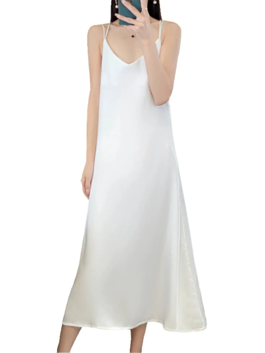 T-shirt en soie et acétate pour femme, robe à bretelles, double sangle, jupe longue en satin qui fuit à la taille, ligne a, silhouette V-ne longue D...