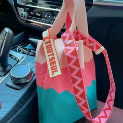 Color Striped Crochet Wrist Bag Women Handbags Cute Knitting Shoulder Crossbody Bags for Women 2022 Candy Color Shopper Tote New