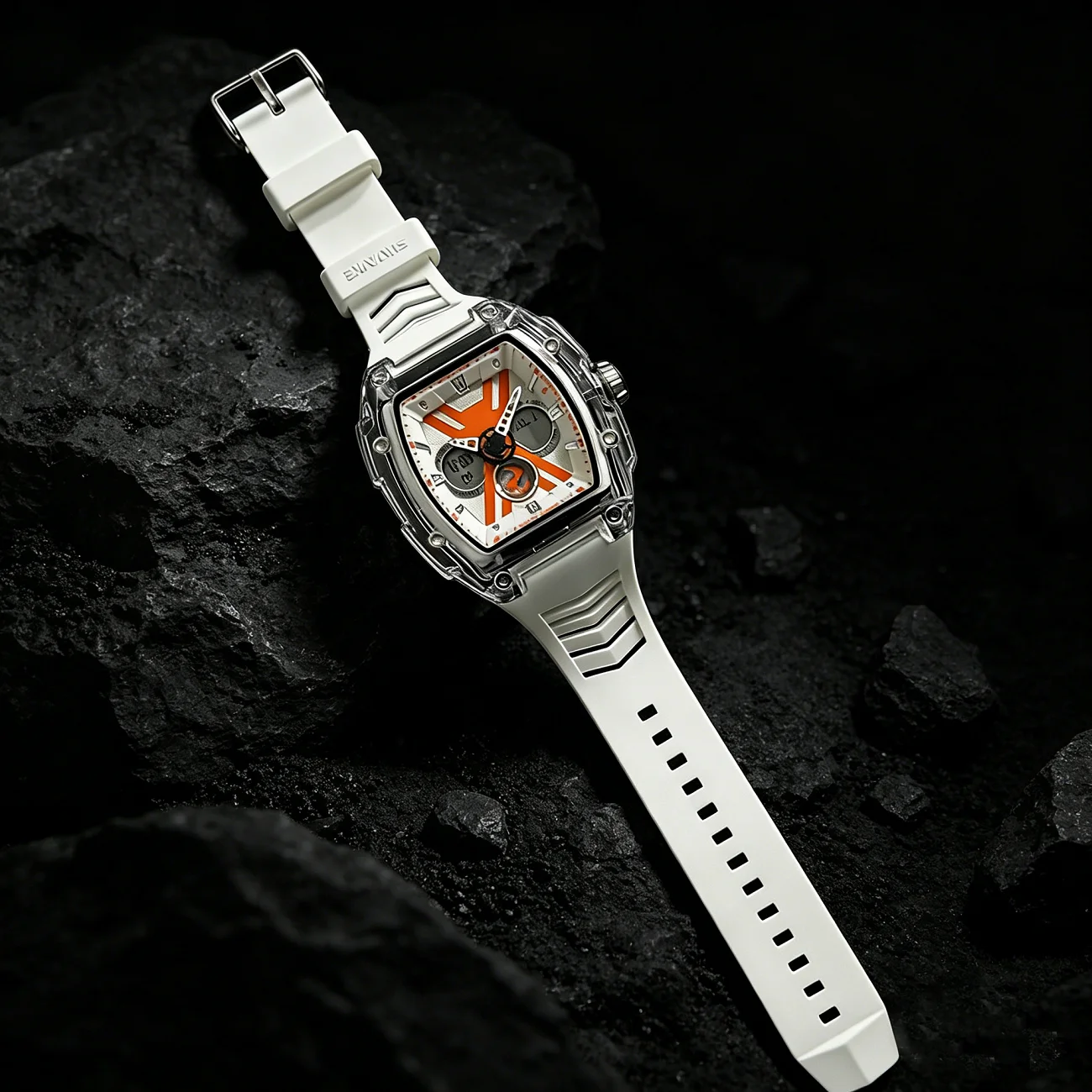 New Trendy Transparent Case Wine Barrel Shaped White Rubber Belt Quartz Watch Fashionable And Stylish relógios masculino
