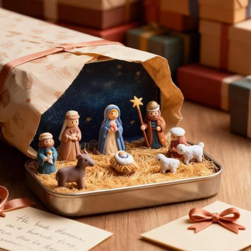 

Nativity Set in Tin Box for Christmas Seasonal Decor Portable Miniature PVC Display for Desk Home and Church Use