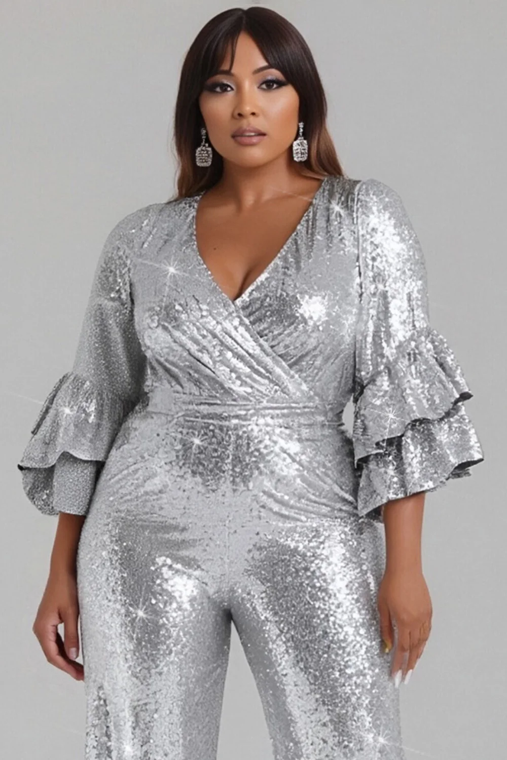 Plus Size Party Silver Wrap Neck 3/4 Sleeve Ruffle Vintage Tiered Sequin Jumpsuits
