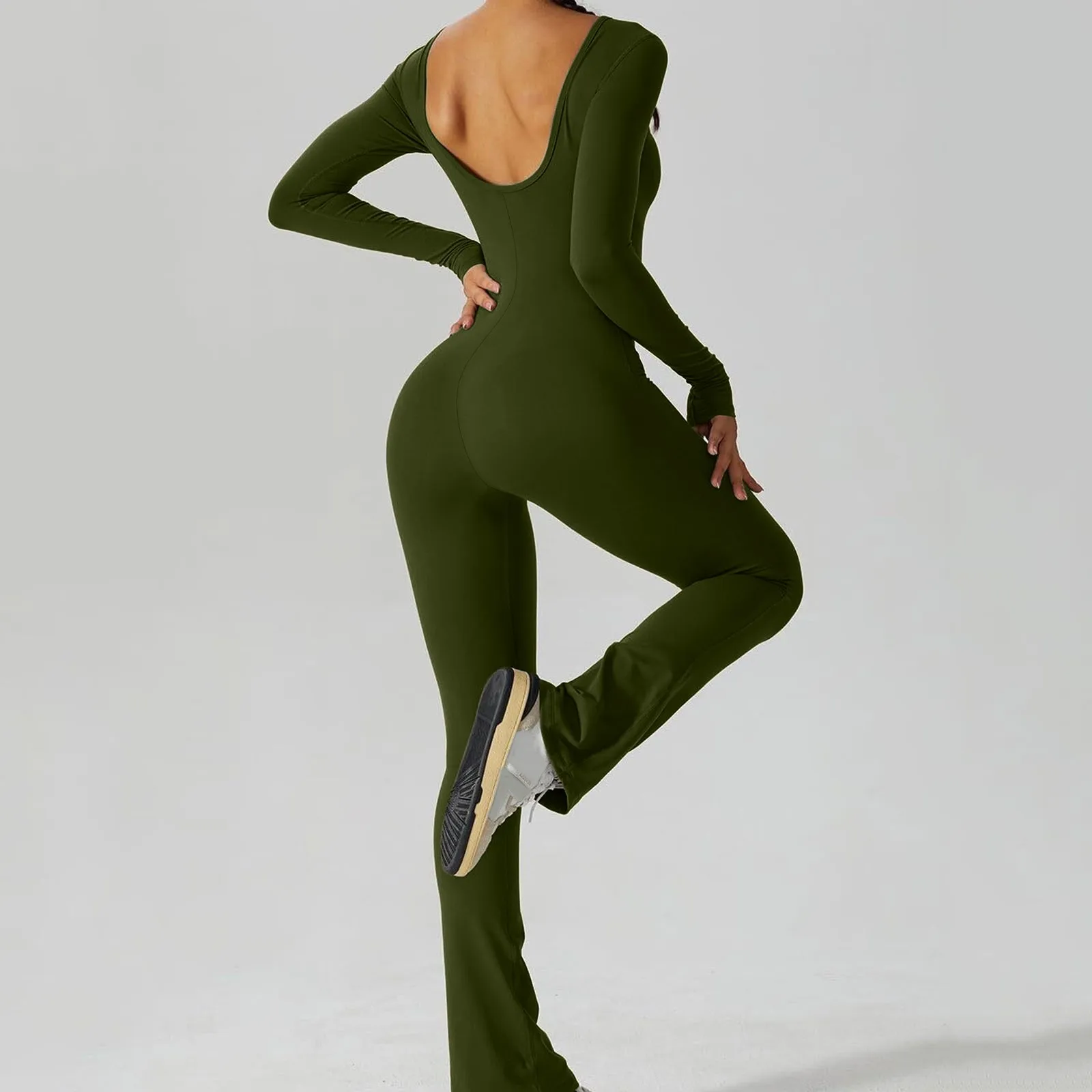 Women'S Long Sleeve Bodysuit Slim Sexy Open Back Casual Yoga Sports Overalls Plus Size One Pieces Full Length Elegant Jumpsuits