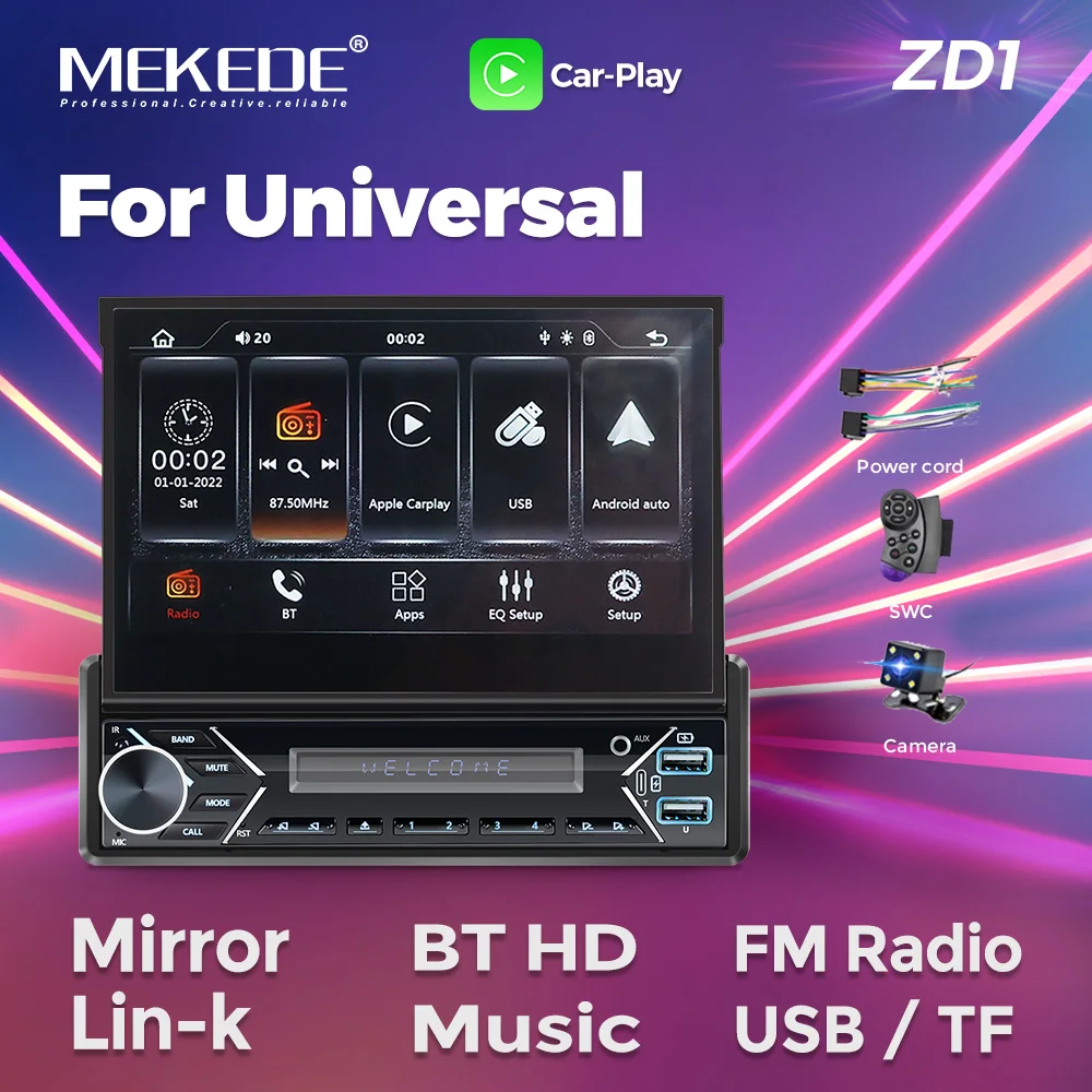 

МЕКЕДЕ США Автомагнитола 7 дюймов с выдвижным экраном, Android Auto, Carplay, FM-радио, 1 DIN, GPS, мультимедийный плеер, Bluetooth, AUX