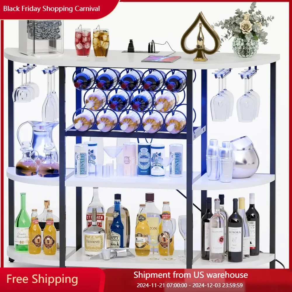 Wine Bar Cabinet for Liquor Bar Table Bar Cabinet with Lights and Outlet 4-Tier Storage  Wine Racks with Glass Holder Mini Bars