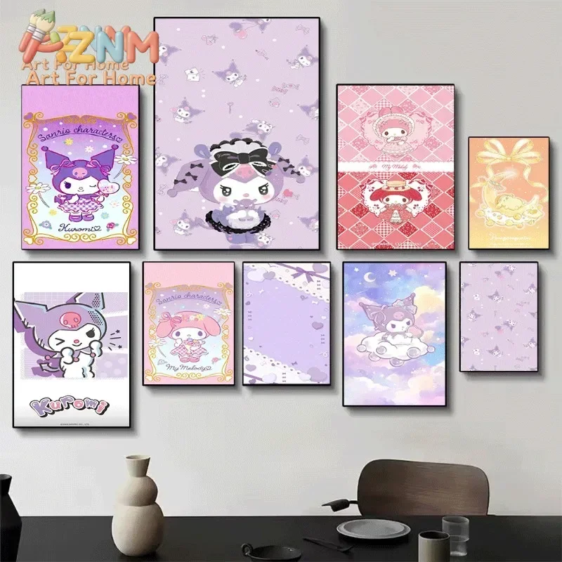 AZNM Sanrio Kuromi My Melody Pompompurin Canvas Poster Cute Purple Pink Cartoon Unframed Wall Art for Girls Room Decor