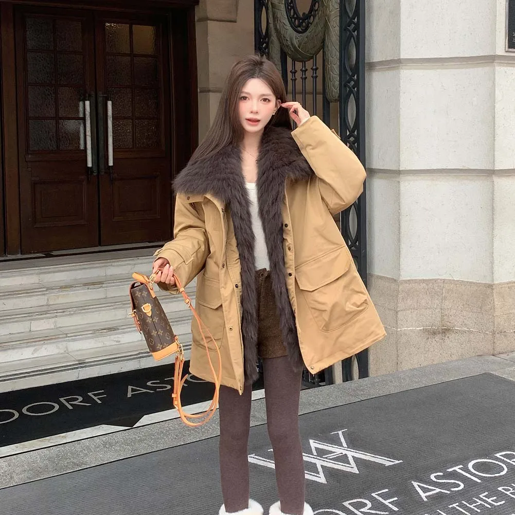 Winter Weibliche Straße Tragen Dicke Jacken Mit Kapuze Chic Casual Plüsch Frauen fuchs pelz kragen gänsedaunen pelzmantel