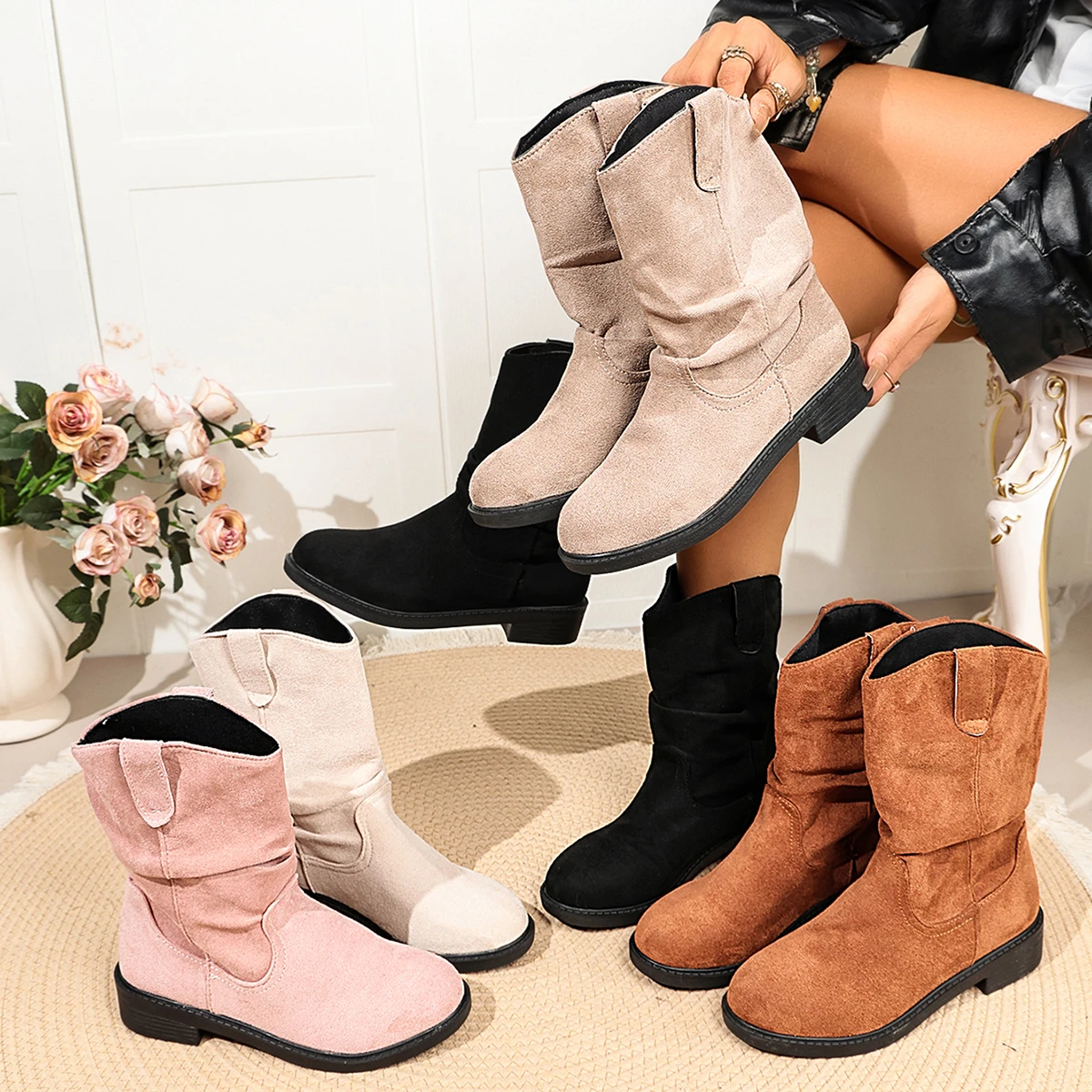 Herbst- und Wintermode Retro Braune Western-Cowboystiefel Damenstiefel Neuer Look Schlanke Dicke und Gestapelte Kurze Stiefel – Detail 11
