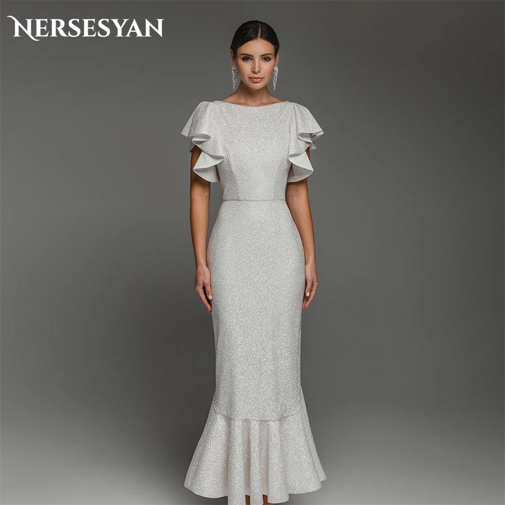 

Nersesyan Elegant Glitter Mermaid Wedding Dresses Ruffles Sleeves Bodycon Sequins Bridal Gowns Backless Sparkly Bride Dress 2024