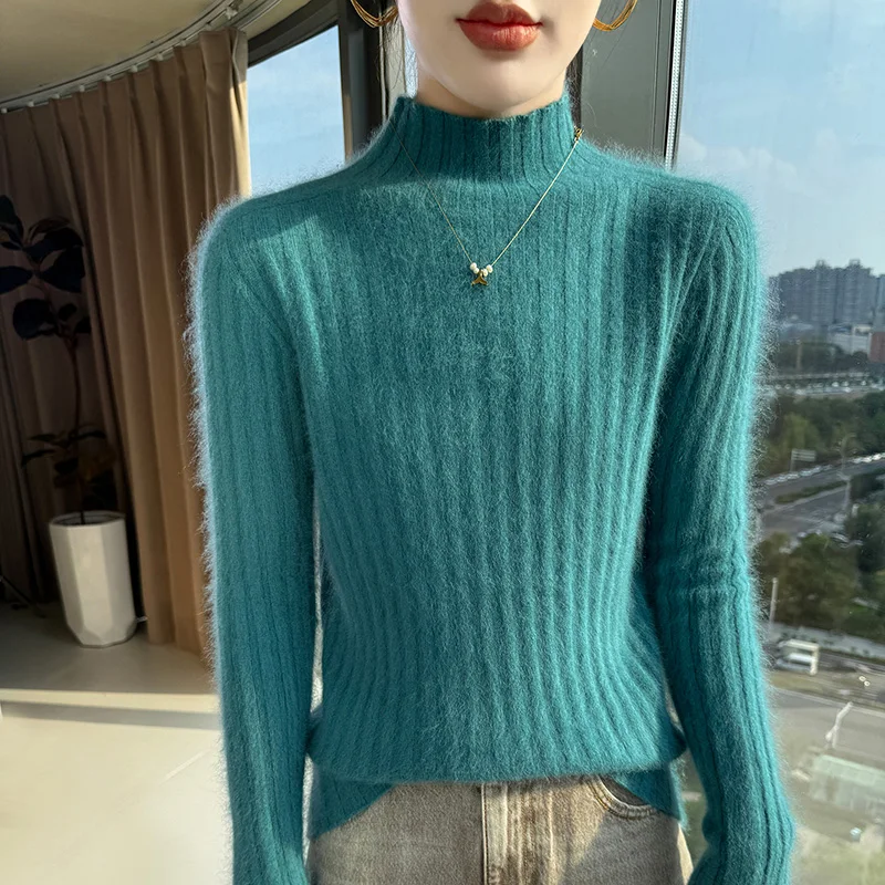 

Half Turtleneck Ribbed Versatile 100% Mink Cashmere Women's Sweater Autumn Winter Slimming Long Sleeve Knitted Warm Base Shirt