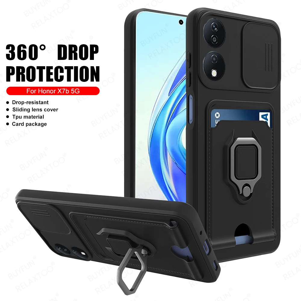 Slide Camera Protect TPU Case For Honor X7b 4G Magnet Holder Ring Card Bag Shockproof Coque On HonorX7b Honar Honer X7 b X 7b 5G